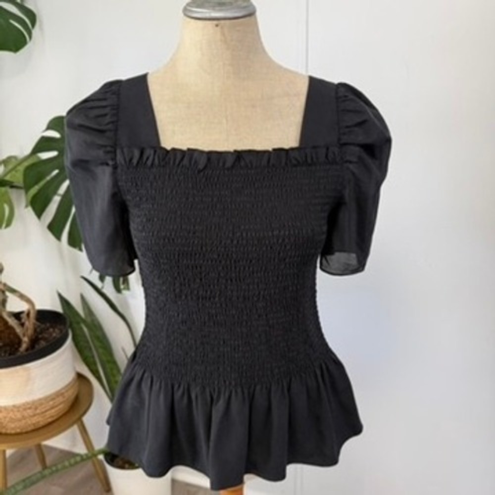 Rachel Parcell Smocked Peplum Top Womens Medium Black Puff Sleeve Square Neck‎